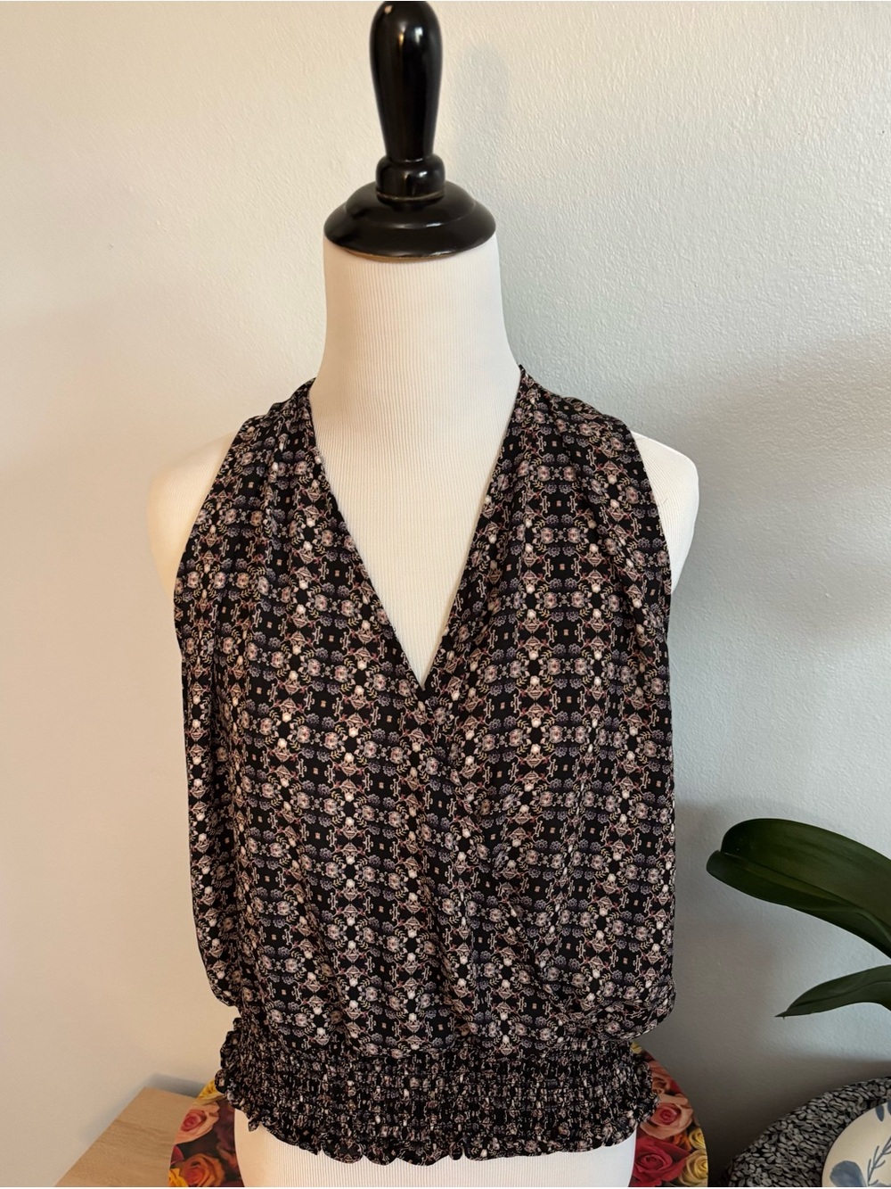 Womens Black and Pink Floral Halter-Style Smocked Camisole